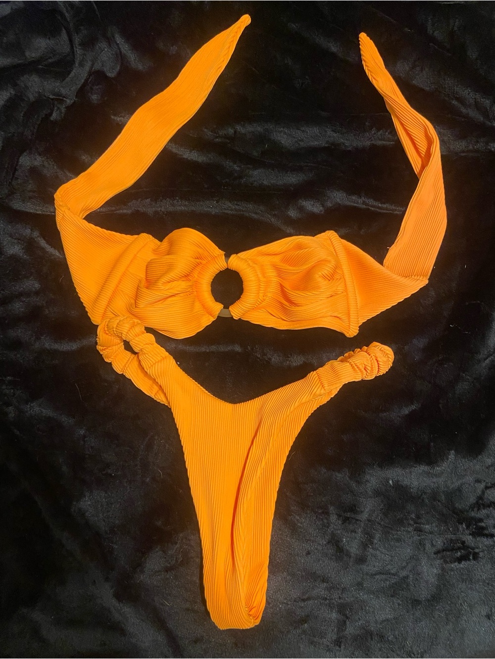 Bright Orange Ribbed Ring-Front Bikini Set